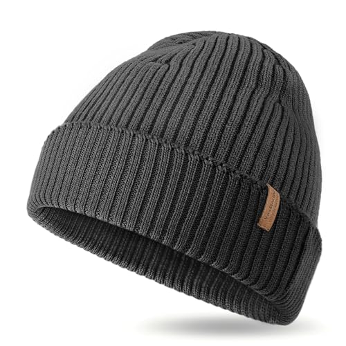 100% Merino Wool Rib Knit Beanie for Men Women, Cuffed Winter Hat, Soft Warm Lightweight Unisex Cold Weather Gift Black