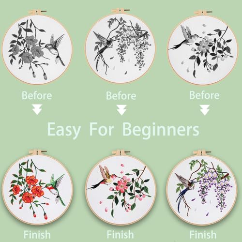 Image of Ohcol 3 Sets Hummingbird Embroidery Kit for Beginners Needlepoint Kits for Adults Cross Stitch Kits with Clear Instructions,Easy Funny Stamped Bird Patterns Fabric Hand Crafts