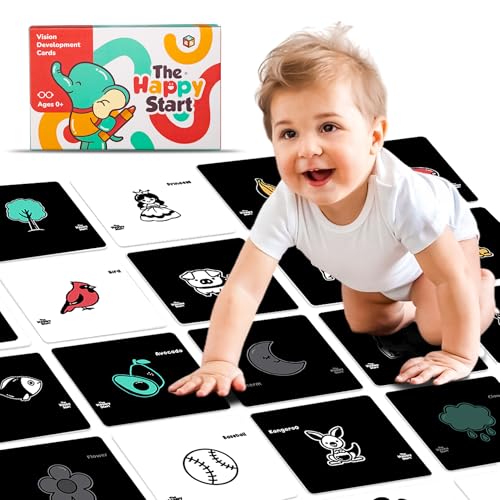 Image of Happy Start High Contrast Baby Cards for Newborns - Black & White Cards, Water-Resistant, BPA-Free, Portable Educational Flashcards for Visual Stimulation, Award-Winning, Ages 0+ (English)