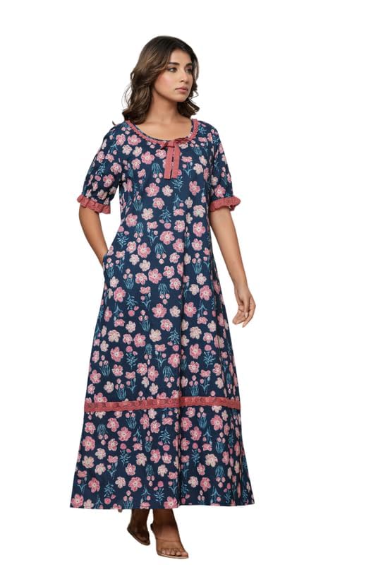 Image of NIHSAMAH Cotton Night Gown for Women, Printed Long Cotton Nighty with Pockets, Comfortable & Fancy Sleepwear /Nightwear /Maxi
