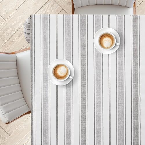 KP HOME Nappe Rectangulaire en PVC Blanc Et Gris – 200x140 cm – Couverture De Table Plastique Lavable Et Étanche avec Imprimé Rayures, pour Intérieur Et...