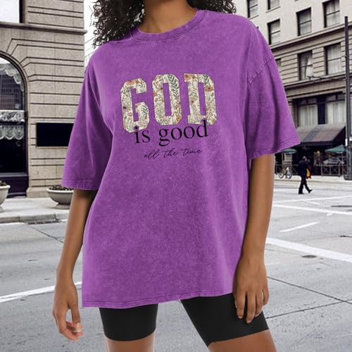 Image of Christian God is Good Shirts for Women Jesus Faith Religious T Shirts Floral Graphic Oversized Acid Washed Tee Tops