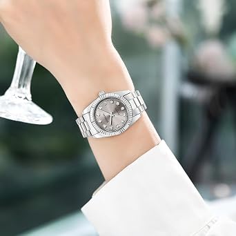 Klassische Armbanduhren für Damen mit Kristall Akzent und Solid Edelstahl Band Damen Kleidung Uhr Wasserdicht