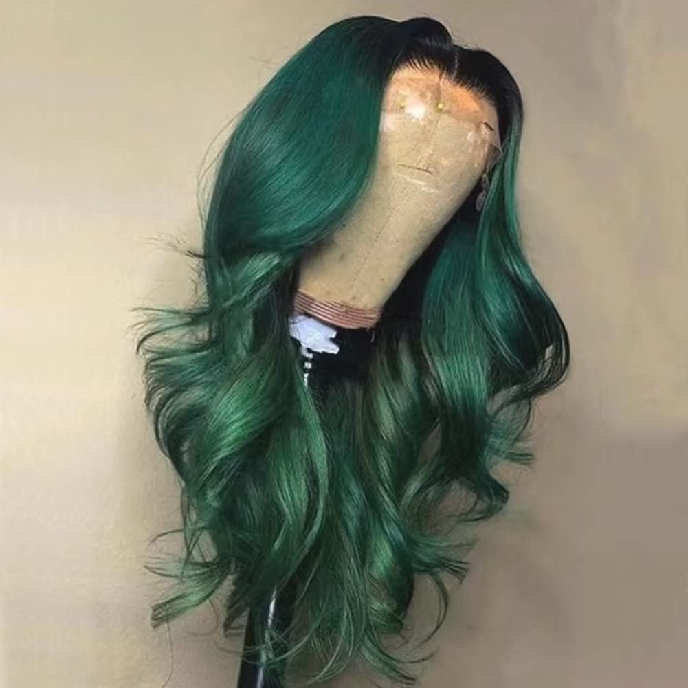 24 Inches Ombre Green Long Body Wave Lace Front Wigs 13X6 Deep Part Heat Resistant Synthetic Hair Wigs for Women Girls Glueless Hair Replacement Daily Use Cosplay Wigs