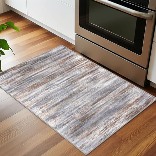 KOZYFLY Modern Abstract Small Area Rugs 2x3, Washable Kitchen Rug Non-Slip Soft Small Bathroom Rug, Grey Brown Striped Entryway Rugs Print Faux Wool Doormat for Bedside Entrance Bedroom Sink