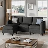 Shintenchi Small Sectional Couch with Ottoman, 3 Seat L Shaped Sofa, Fabric Upholstered Convertible Sofa Couches, Small Couch for Apartments, Living Room and Office (Black)
