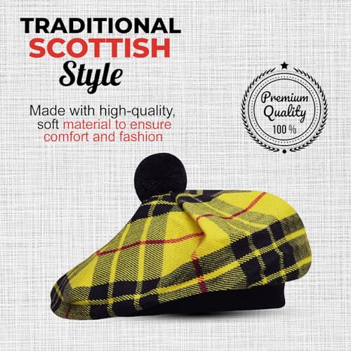 Image of Scottish Tam O' Shanter Hat Tartan Bonnet Pom Pom Wool Flat Cap One Size