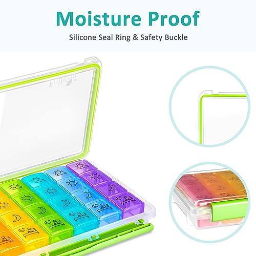 Image of Fullicon Weekly Pill Organizer 4 Times a Day, Pill Box 7 Day for Travel, Moisture-Proof Daily Pill Box Organizer, Large Pill Case for Medicine, Vitamin, Fish Oil, and Supplement (Clear and Green)