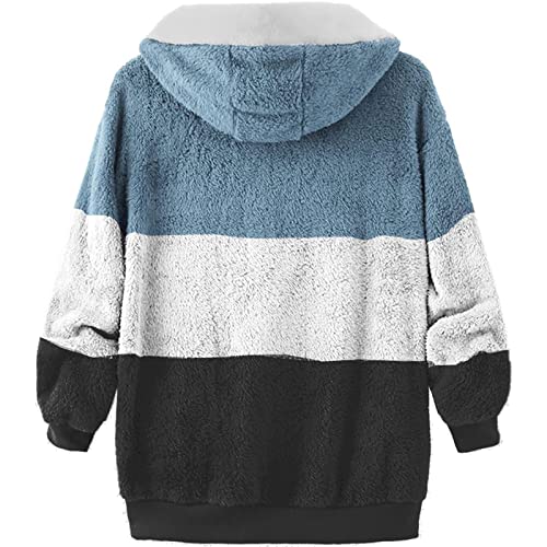 Fuzzy Fleece Jackets for Women Plus Size Hoodies Fall Winter Coats Color Block Patchwork Cardigan Coat with Pockets