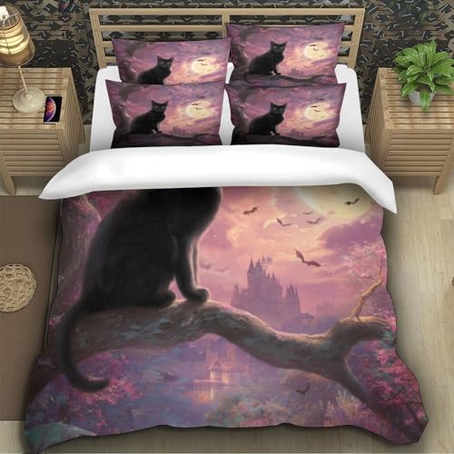Housse de couette chat noir 3D 200x200 parure de lit microfibre avec fermeture - 5