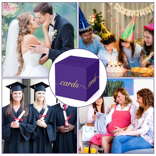 Image of Purple Card Box Gold Foil Wedding Favors Gift Card Boxes Post Box Receiving Money Box Holder for Wedding Reception, Baby Showers, Anniversary, Birthday Party, Retirement, Graduation Envelope Holder