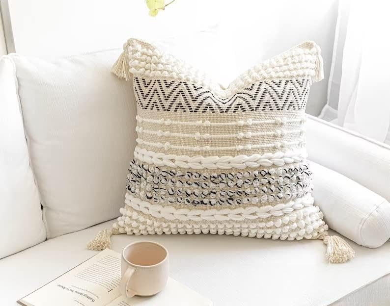 Image of Cushion - Boho Designer Handloom Cotton Throw Square Cushion Covers, Set of 5 Decorative Pillow Cases Sofa, Couch, Chair, Office, Bedroom, Aƒ¢aa€š¬aa‚¬A inch 16X16 Inches