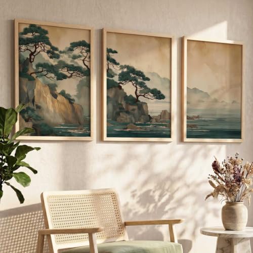 Image of kotart Big Aesthetic Nature Art Wall Framed Posters | Japanese Nature View Framed Poster for Living Room Bedroom Wall Decor Set Of 3 (14x20 Inch)