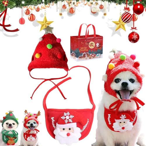 ZHKVAG Adorable Christmas Tree Pom-Pom Hat, Celery Pets Dog Santa Hat, Celerypets Dog Christmas Tree Hats, Celery Pets Dog Christmas Hat, Funny Dog Christmas Hat Pets Santa Bibs (S,C Set)