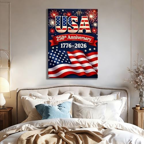Image of USA 250th Anniversary 1776-2026 Canvas Wall Decor, Patriotic Fireworks American Flag Wall Art, Independence Day Framed Canvas Prints for Home & Holiday Decoration, Made in USA
