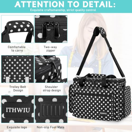 Image of Sewing Machine Carrying Case with Multiple Storage Pockets Large Capacity, Universal Tote Storage Bag Compatible with Most Standard Singer, Brother, Janome, Black Dots