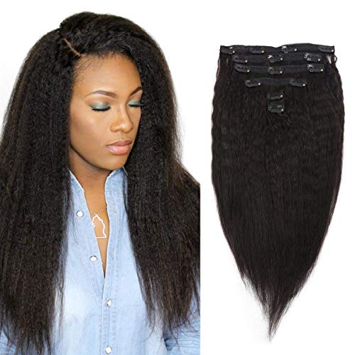 Kinky Straight Clip in Human Hair Extensions Clip ins 100% Remy Hair for Black Women Yaki Straight Clip ins Real Human Hair 70Gram / 6Pcs (14 inch, 1B#)