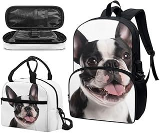 Garronmavis French Bulldog Bookbag Sets,Cute Puppy Dog Shoulder Strap Backpacks Lunch Box, Black& White Boston Terrier Multifunctional Pencil Box for Teen Student