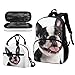 Garronmavis French Bulldog Bookbag Sets,Cute Puppy Dog Shoulder Strap Backpacks Lunch Box, Black& White Boston Terrier Multifunctional Pencil Box for Teen Student
