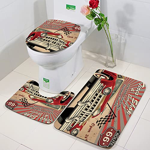 Rutschfeste Badematten 3 teiliges Set,Autos, Reifen Shop und Service Route 66 Emblem Werbung Retro Style Poster P,Hohe Wasseraufnahme, weiche Mikrofaser, WC-Vorleger, WC-Sockelmatte, maschinenwaschbar