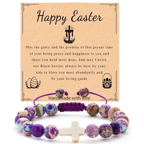 FRG Easter Basket Stuffers for Girls, Cross Charm Bracelet Easter Gifts for Womens Natural Stone Beaded Bracelet Christian Gifts for Girls Inspirational Jewelry