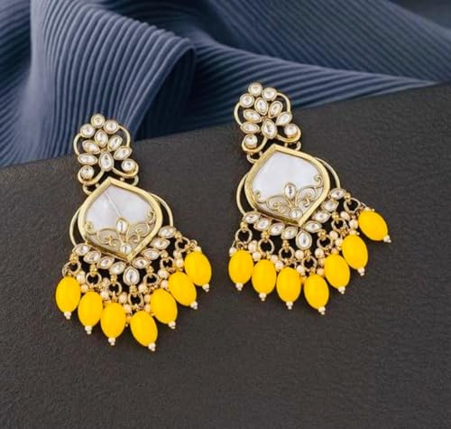 Image of Traditional 20K Gold Plated Kundan Chandbali Earrings with Black Beads and Faux Pearls for Women - Ethnic Wedding & Partyy Wear Statement Jewelry