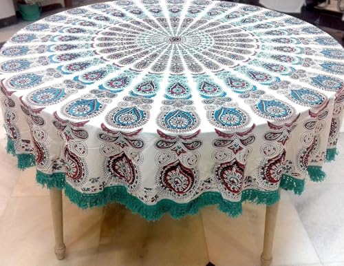 Image of RHF Cotton Round Tablecloth, 75 inch Dining Round Table Cover, Multicolor Traditional Print 4-6 Seater Round Table Cover with Fringed Lace Border