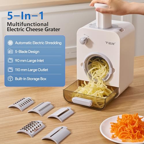 TER-Electric-Cheese-Grater-with-5-Blades--5-in-1-Gourmet-Vegetable-Shredder-for-Carrot-Potato-More-110mm-Large-Caliber-Built-in-Blade-Storage-Box-Fast-Efficient-Grating