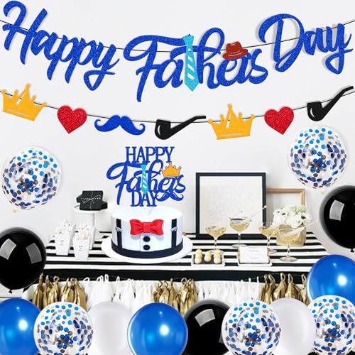 Happy Father's Day Decorations Kit Father's Day Banner Cake Topper Blue Balloons Papa's Grandfather's Dad's Day Party Supplies Glitter Blue Backdrop Glitter Decor - Image 5
