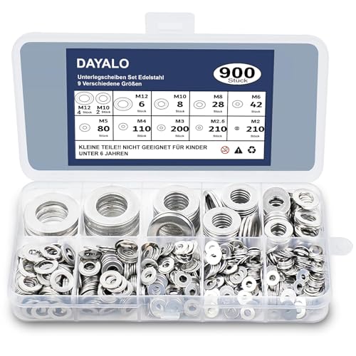 Dayalo Unterlegscheiben Set, 900 Stück Unterlegscheiben Edelstahl A2 V2A, 9 Größen Beilagscheiben Set M2 M2,5 M3 M4 M5 M6 M8 M10 M12 Sicherungsscheiben, Flache Unterlegscheiben für Schrauben