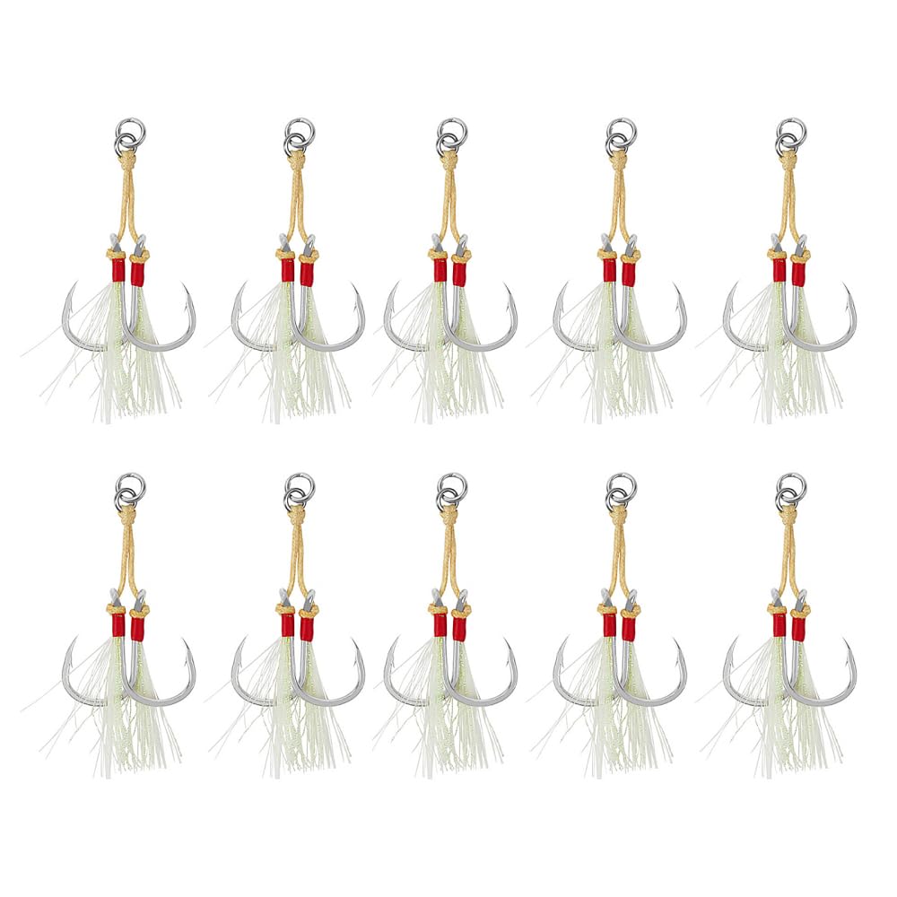Fishing Assist Hook, 10PCS Double Jigging Replacement Hooks Assist Jigs with Glow Tassel & Strong PE Rope for Saltwater Freshwater