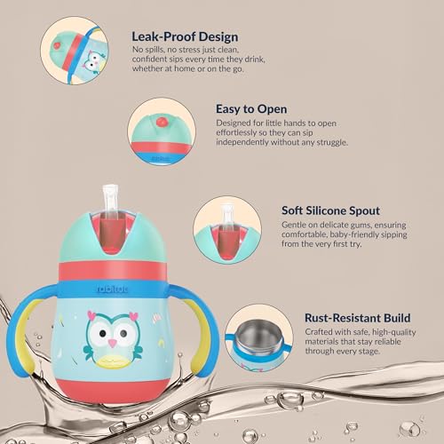 Image of rabitat Gravity EasyFlow Stainless Steel Sippy Cup 390 ml | 2 Years Brand Warranty | Leak Proof | BPA Free Soft Silicone Straw | Sippy Cup for Kids with Weighted Straw, Sky Hoot