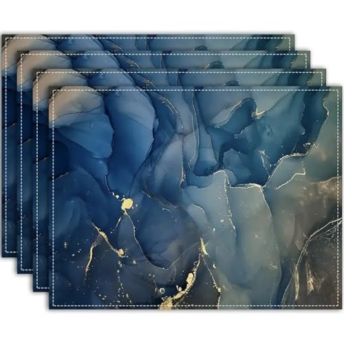 Manteles Individuales Patrón Mármol Azul Antideslizante Resistentes al Calor Fácil de Limpiar Manteles Individuales de Lino,decoración de Mesa,para Interior,Vacaciones 30x45cm, Juego de 8