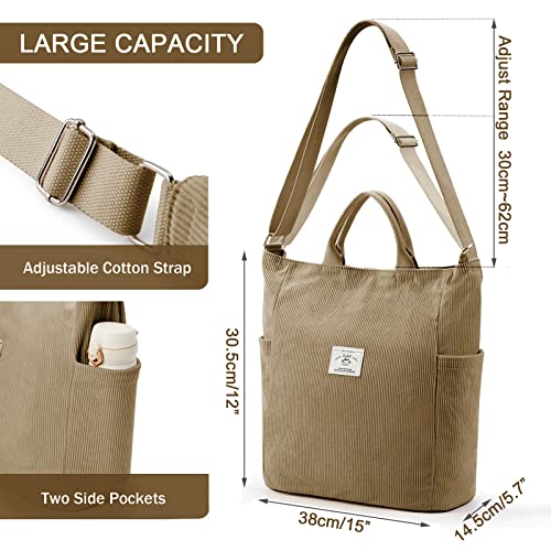 Image of KALIDI Corduroy Tote Bag, Large Slouchy Hobo Messenger Crossbody Bag | Anti Splash Zipper Side Pockets Shoulder Bag Adjustable Strap Lightweight Casual Work Shopping Women