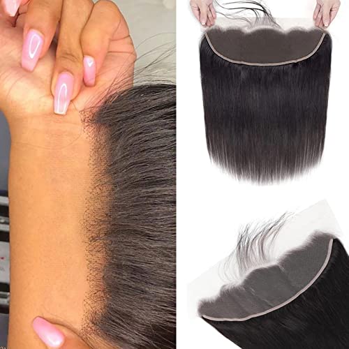 PEGOZA 13X4 Ear To Ear Lace Frontal Closure Straight Frontal HD Lace Human Hair 100% Brazilian Virgin Hair 150 Density HD Transparent Lace Natural Black Pre-Pulled Baby Hair (16 Inch)