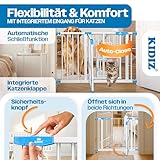 KIDIZ Absperrgitter zum Klemmen mit Katzenklappe, Türschutzgitter, Autoclose Kinder Treppengitter ohne Bohren | 90° Stopp Schutz, schwenkbar, Treppenschutzgitter, Weiß/Blau, Breite: 74-80 cm
