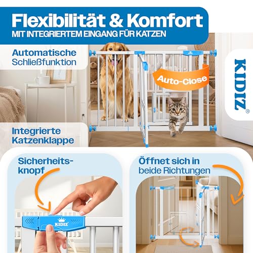 KIDIZ Absperrgitter zum Klemmen mit Katzenklappe, Türschutzgitter, Autoclose Kinder Treppengitter ohne Bohren | 90° Stopp Schutz, schwenkbar, Treppenschutzgitter, Weiß/Blau, Breite: 74-80 cm