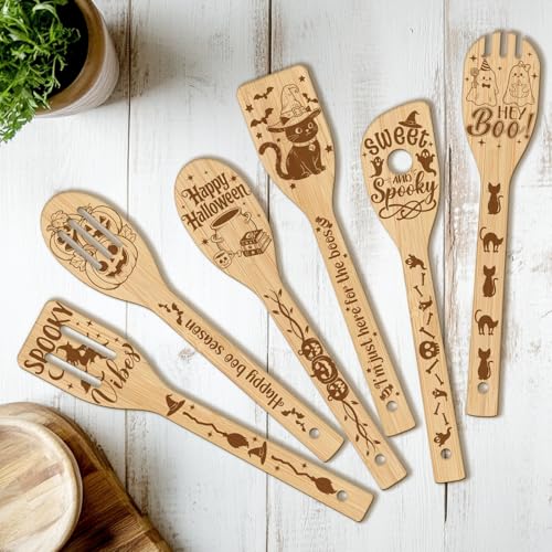CUTHOLLOW 6PCS Halloween Element Greeting Wooden Kitchen Cooking Utensil Set 11.9in Non Toxic Bamboo Wood Spoon Set for Cooking Best Housewarming Halloween Decor Gift for Women Mother