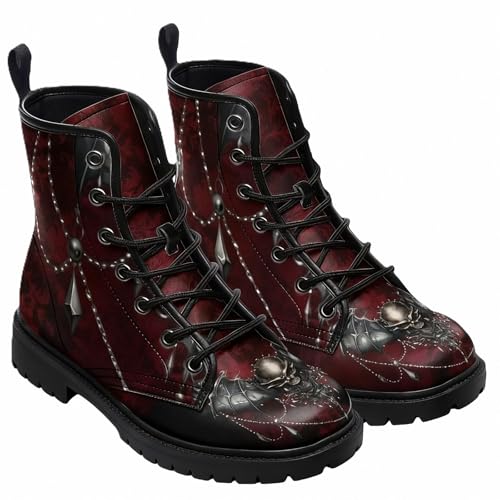 FQLGJMY Bottines Pour Femmes Gothique Motif Tête de Mort Fleurs Roses et Flammes Lacets Cuir Céger Plateforme Bout Rond, parfaites Jeans Robes Mode...