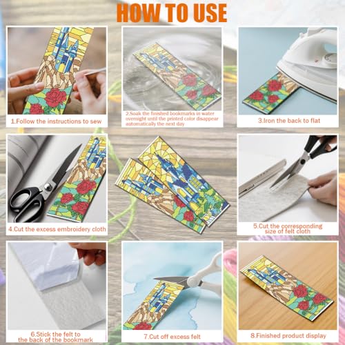 Image of FREEBLOSS 6 Set Cross Stitch Bookmark Kit 11 CT Stamped Cross Stitch Kit DIY Embroidery Bookmark Kits for Adult Beginners with Instructions, Stained Glass Castle Pattern, 6 x 20 cm /8 inch x 2.4 inch