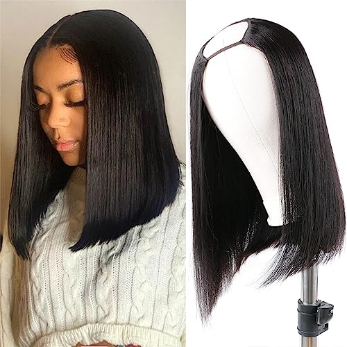 Huairisi 14 Inch U Part Wigs Human Hair None Lace Short Bob Wig for Women U-shape Glueless 100% Unprocessed Brazilian Straight Virgin Hair Shoulder Length Natural Colour
