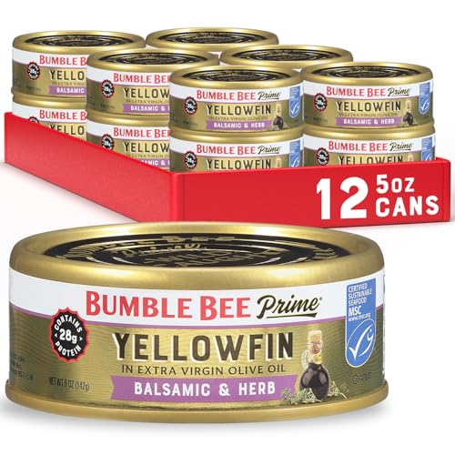 Bumble Bee Prime Balsamic & Herb Yellowfin Tuna in Extra Virgin Olive Oil, 5 oz Cans (Pack of 12) - Wild Caught Ahi Tuna - 28g Protein Per Serving - Non-GMO, MSC Certified Sustainable Seafood
