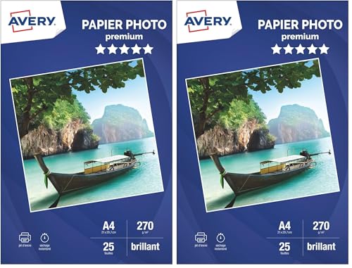 Papier photo AVERY 270g A4 brillant jet d'encre pour tirages et impressions en lot de 2
