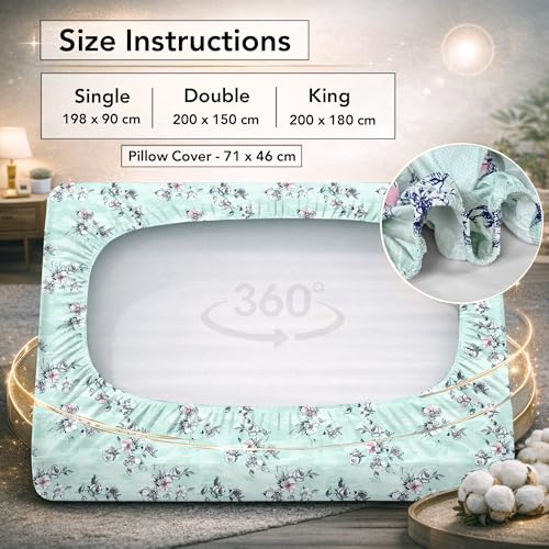 Image of Divine Casa Fitted Sheet for Double Bed (200 x 150 CM) with 2 Pillow Covers | 100% Cotton Double Fitted Bedsheet | Elastic Mattress Sheet 200x150 | Non Slip All Around Elastic