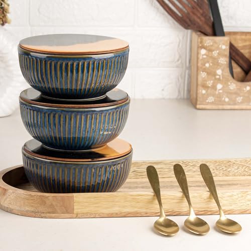 Image of The Earth Store Glam Blue Ceramic Bowl Serving Set - 3 Bowls (500ml Each) with Wooden Tray, 3 Spoons & 3 Multipurpose Lids /Coaster - for Snacks, Curries, Desserts & Fruits