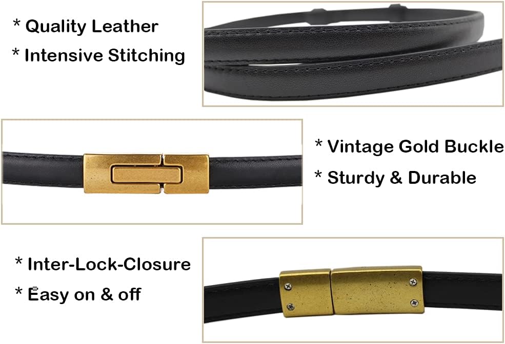 ALAIX Women's Leather Skinny Belt for Dress Adjustable Thin Waist Belt Dress Belt with Vintage Gold Buckle - Image 4