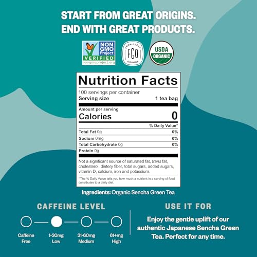 Image of FGO Organic Sencha Green Tea, 100 Count, Eco-Conscious Tea Bags, Resealable Bag, Sourced From Japan, Packaging May Vary (Pack of 1)