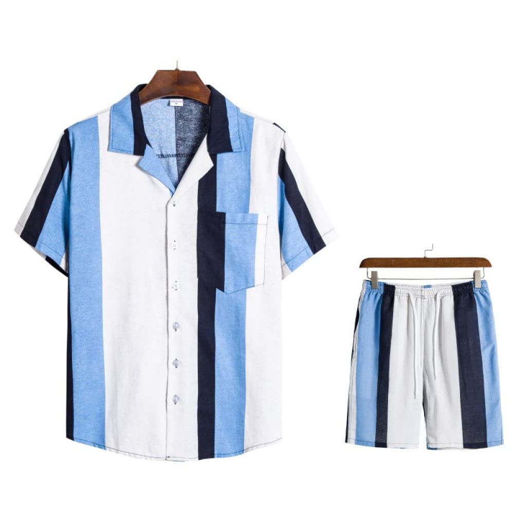 Camisa Hawaiana Hombre, Camisa Hawaiana para Hombre Y Pantalones Cortos De Playa Hawaianos Conjunto De Rayas De Lino De Algodón Azul Trajes De Hawaii Camisa De Playa De Manga Corta Casual Y Pantalo