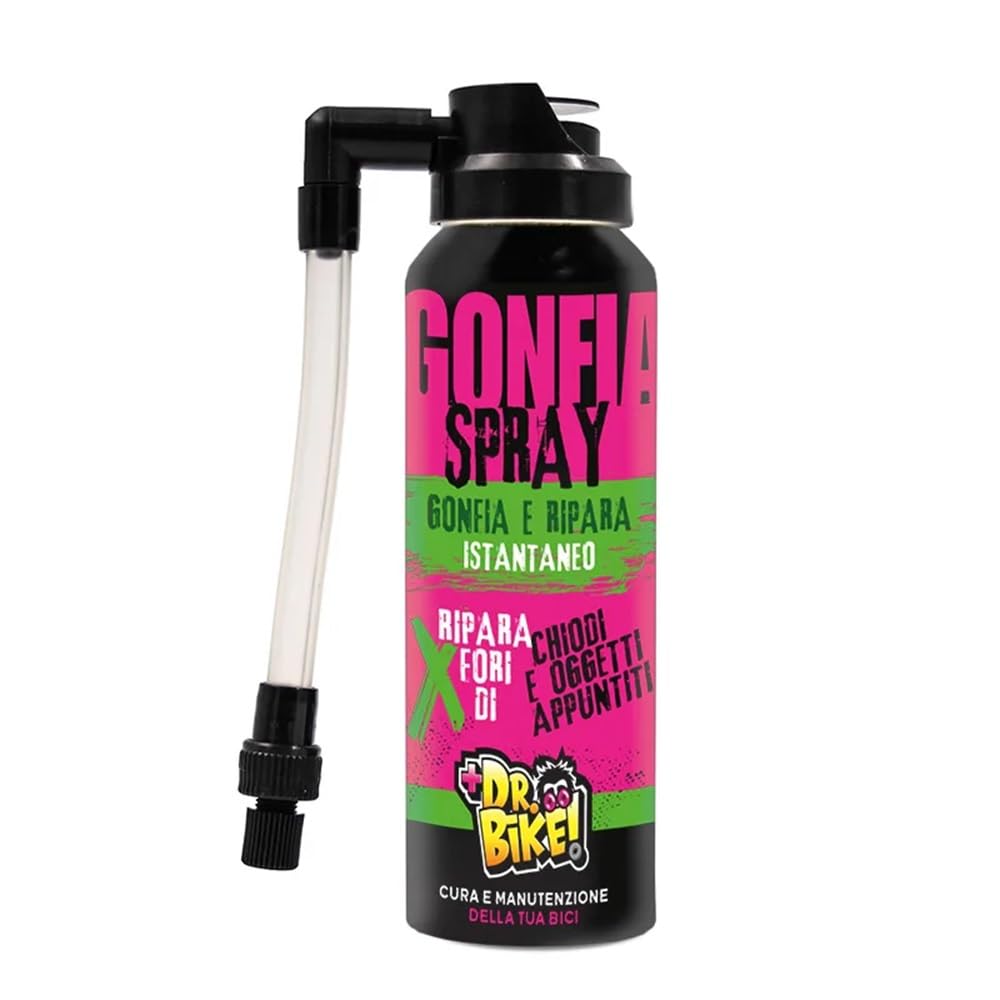 Gonfia Spray. Gonfia e ripara gomme Bici istantaneo 125ml. Spray Universale per Fori con Raccordo per valvole Regina Presta Schrader. Ripara forature Bici MTB. Dimensioni compatte.