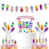 Popsicle Ice Cream Party Decorations Set – Summer Birthday Supplies with Banner, Cupcake Toppers, Cake Topper & Centerpieces for Kids or Baby Shower